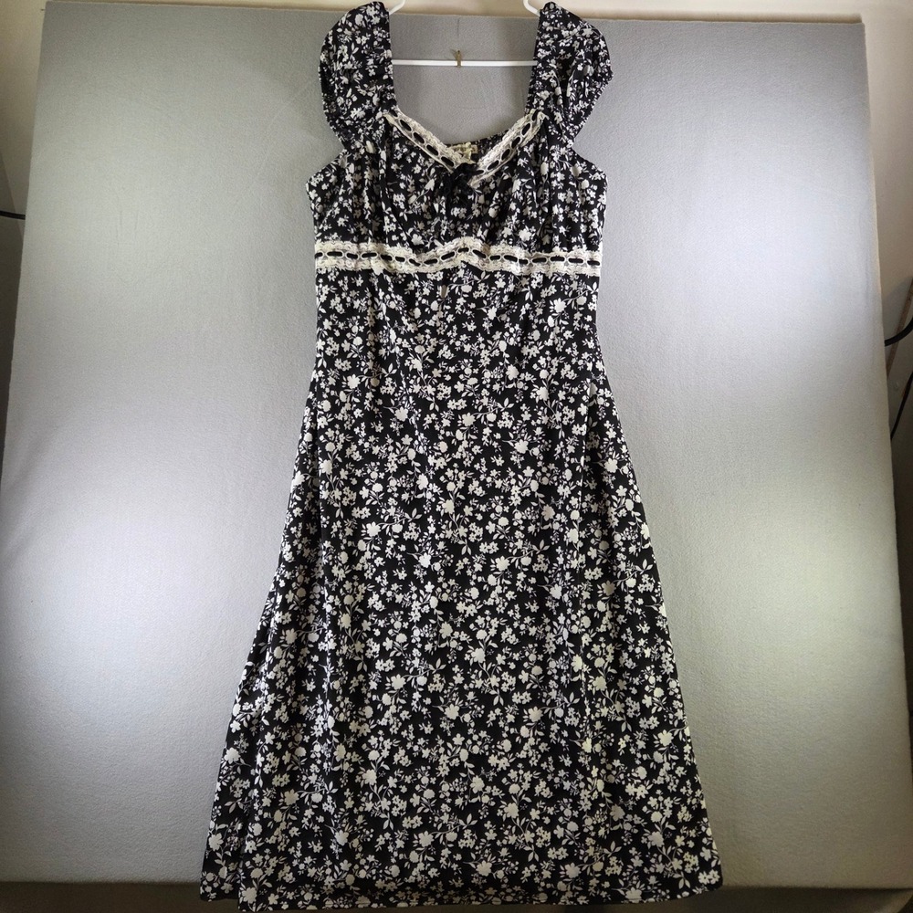 Black White Floral Lace Trim Milkmaid Empire Waist Midi Dress 2X Cottagecore